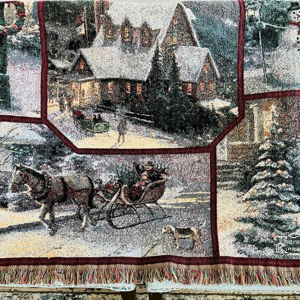 Thomas Kinkade Painter of Light Blanket with Winter Scenes, 100% Cotton